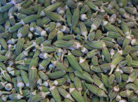 sale of fresh okra in the market, gumbo, vegetableの写真素材