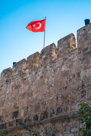 rampart, bulwark, castle, fortified wall, fort, turkish flagの写真素材