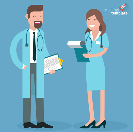 Flat design doctor and nurse people characters vector icon banner template.のイラスト素材