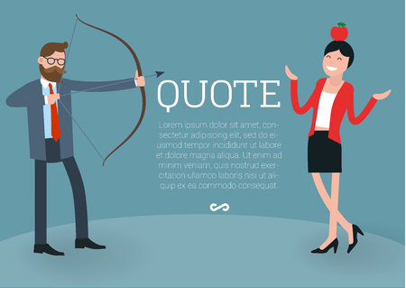 Young businessman  shooting arrow accurately to the apple on young women head. Flat design vector temlate. shooting arrow. Flat design vector template.のイラスト素材