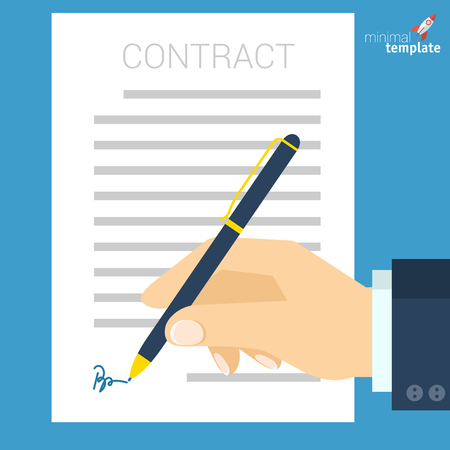 Flat design document signing vector icon. Business man hand with pen signing document. vector illustration of legal agreement with signature contract templateのイラスト素材