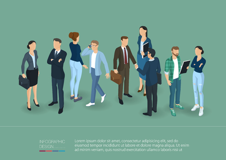 People crowd. Man and woman, various characters, poses and professions, front and back view. Isometric vector presentation and banner template.のイラスト素材