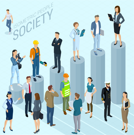 Flat design 3d isometric business infographic  vector template made of chart and business people various style and professions, man and woman, front and back view. People opinion social groups.のイラスト素材