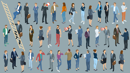 Set of isometric flat design vector standing and sitting people different characters, styles and professions. Isometric acting man full length diverse acting poses front and back view collectionのイラスト素材