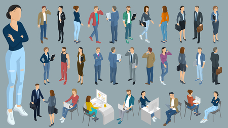 Set of isometric flat design vector standing and sitting people different characters, styles and professions. Isometric acting man full length diverse acting poses front and back view collectionのイラスト素材