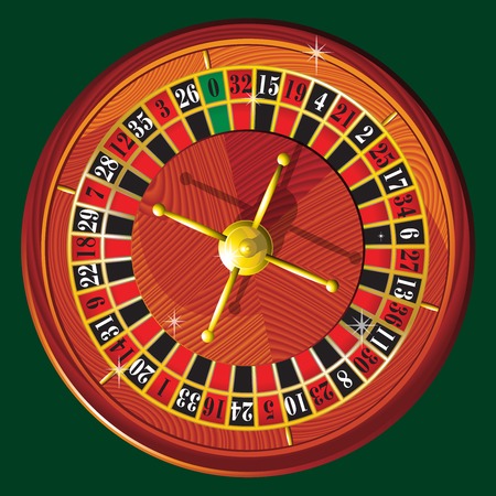 Realistic  illustration of American casino roulette wheel on green background vector template.のイラスト素材