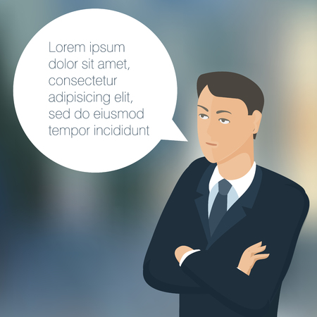 Young business man at the business presentation with speech comment bubble. Vector abstract template for comment, feedback, help line, customer support, brochure cover, banner and poster mock up.のイラスト素材