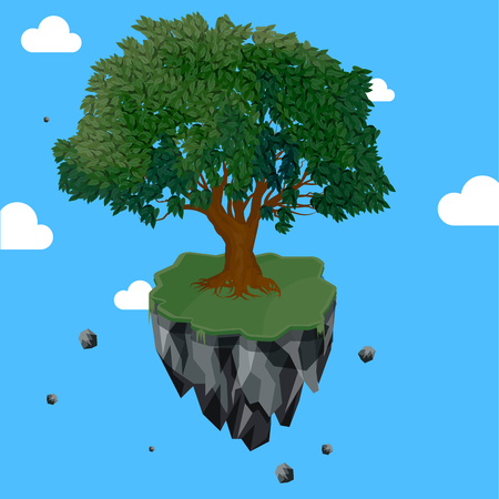 Magic tree on flying rock island levitating in clear blue sky at the fairyland. Fantasy vector abstract for brochure cover, website background, poster, banner an decoration card.のイラスト素材