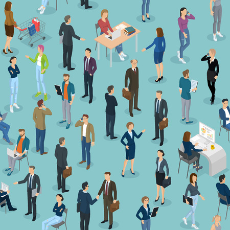 Seamless tile of people in the office office. Isometric 3d flat design vector standing and sitting people different characters, styles and professions, full length diverse acting poses collection.のイラスト素材