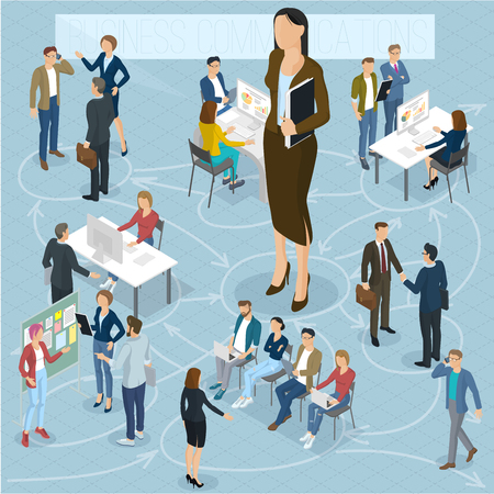 Businesswoman big boss leader office abstract with a background of isometric 3d flat design vector people different characters, styles and professions, full length diverse acting poses collection.のイラスト素材