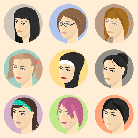 Isometric women faces. Vector icon set.のイラスト素材
