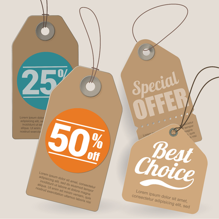 Brown cardboard shopping, sale, discount, special offer and the best choise  tags and labels various design vector template set.のイラスト素材