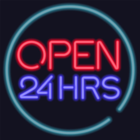 Neon symbol open 24 hours entrance sign.
