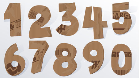 Vector cardboard numbers. Realistic paper style font. Typeface made of old brown boxes.のイラスト素材