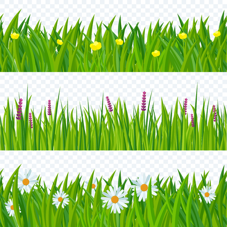 Spring grass and flowers. Fresh green meadow and clear sky seamless vector background set.のイラスト素材