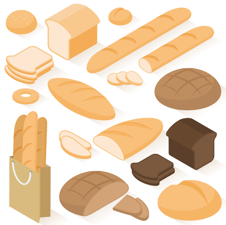Set of isometric flat design vector isolated on white background bread icons: rye, wheat, whole grain, sliced bread, sandwich, bagel, french baguette, bun.のイラスト素材