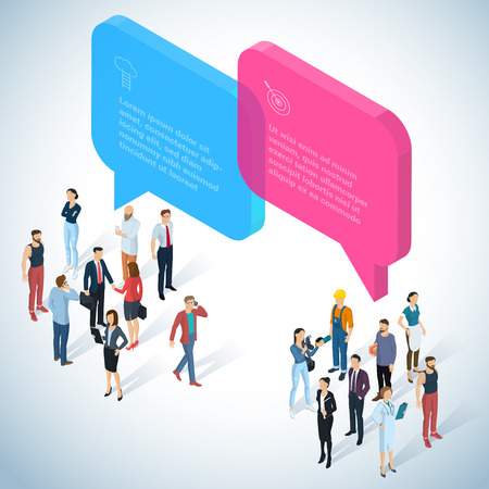 Isometric 3d flat design vector people communicating different characters, styles and professions. Isometric acting man teamwork in office  front and back view collectionのイラスト素材
