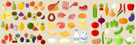Vector flat design fruits, vegetables, milk. cheese, meat and sausage  icon set.のイラスト素材