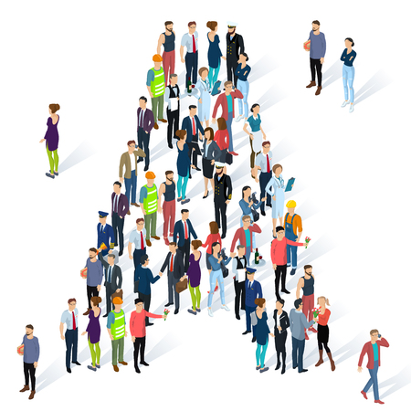 Crowded isometric people vector alphabet typeface capitals set.    Men and women various characters and professions. Letter A.のイラスト素材