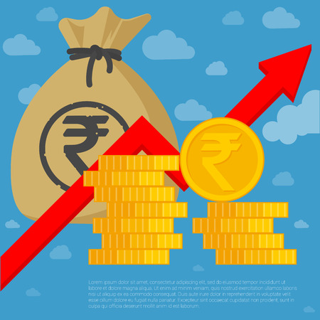 Indian rupee investment and saving financial  growing chart flat design vector template. Coins, money bag and arrow icon mock up.のイラスト素材
