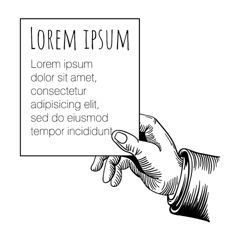 Human hand holding message paper. Retro vintage vector presentation frame template.のイラスト素材
