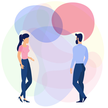 Flat design young man and woman with speach bubbles communicating ready to animation characters to compouse your scenes and animation. Office work and business, creative teamwork illustration.のイラスト素材
