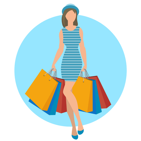 Flat design shopping people spending customer consumerism vector concept. Young woman with purchases, shopping bags.のイラスト素材