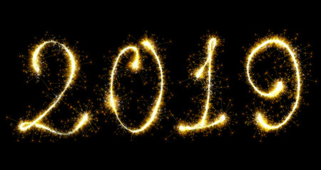 2019 new year decoration with sparkle fireworks isolated on black background