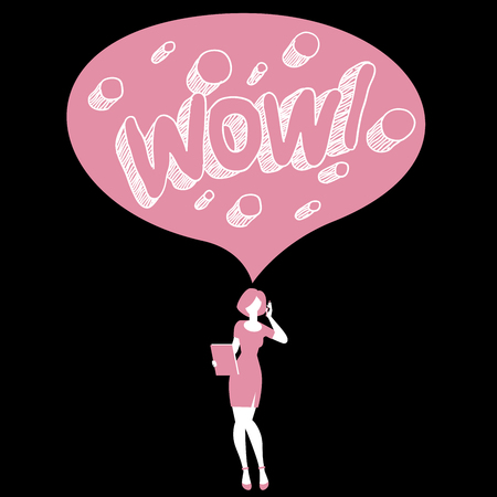 Wow female speech bubble. Surprised young woman with mobile phone and papers Vector background  retro comic style. Party and sale two color poster.のイラスト素材