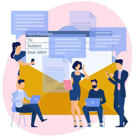 Flat design concept  for building  email marketing. Groupe of people working and communicaning. Vector illustration mock up.のイラスト素材