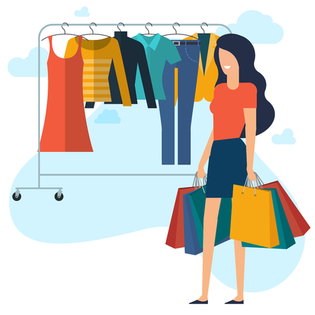 Yong  woman at shopping. Flat desin vector concept. Ready for animation characters and design elements with shopping bags and boxes.のイラスト素材