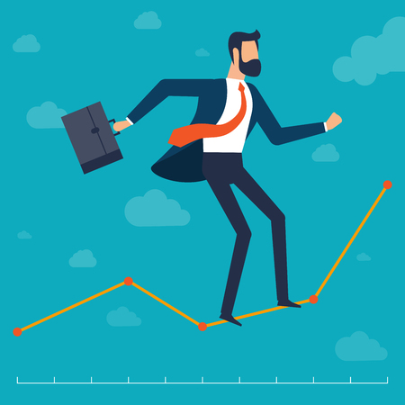 Businessman walking in balance along the growing stock market chart line. Tightrope walker balancing on rope over clouds in the  sky. Flat design vector concept for investment, risk, career, success.のイラスト素材
