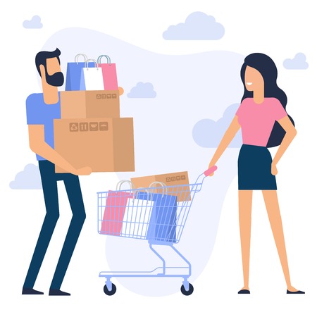 Young man and woman at shopping. Flat desin vector concept. Ready for animation characters and design elements with shopping bags and boxes.のイラスト素材