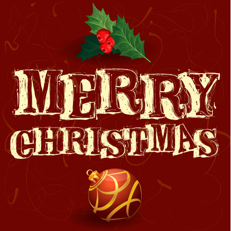 Holly leaves and berries christmas decoration greeting card template with red and gold balloon on the deep red background.のイラスト素材