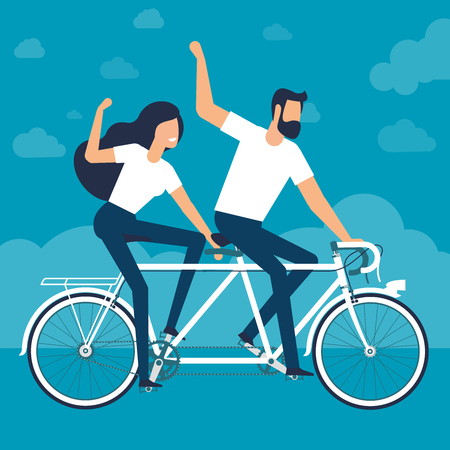 Young man and woman riding a tandem bike. Flat design verctor template.のイラスト素材