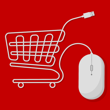 Online shopping, Shopping cart created with white computer mouse usb wire on bright red  background. Digital retail technology vector concept.のイラスト素材