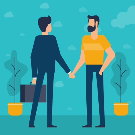 Young businessmen shaking hands. Flat design business  communicating ready to animation characters to compouse your scenes and animation. Office work and business, creative teamwork illustration.のイラスト素材
