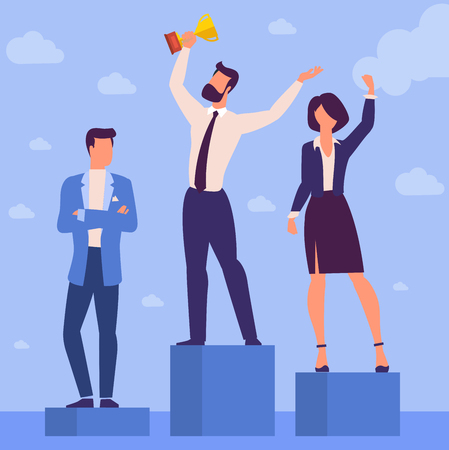 Flat design illustration of business competition winner. Man standing on the podium on the first place with award.のイラスト素材
