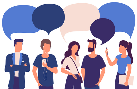 Flat design trendy color vector people with blank speech bubbles. Different characters, styles and professions, standing together diverse acting poses collection.のイラスト素材