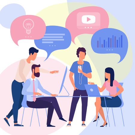 Flat design  ready to animation characters with speech bubbles infographic template. Office work and business, creative teamwork illustration.のイラスト素材