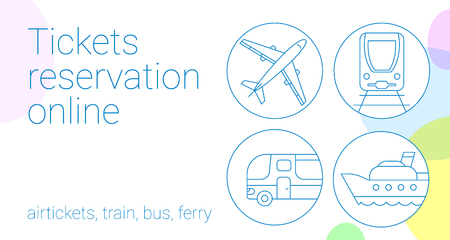 Thin line  light color airline, train, bus and ferry ticket reservation banner.  Flat design vector template with transportation icons.のイラスト素材