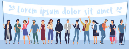Flat design trendy color vector people with blank white banner. Different characters, styles and...