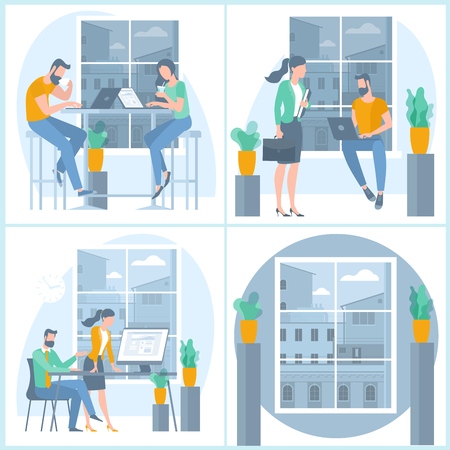 Young man woman drinking coffee and working remotely at office and coffeeshop. Flat design vector illustration, ready to animation vector concept for web site, presentation, mobile app.のイラスト素材