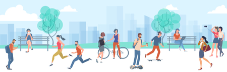 Flat design vector illustration of wikend urban park outdoor activity. People running, seating on the bench, making selfie, walking reading, skating.のイラスト素材