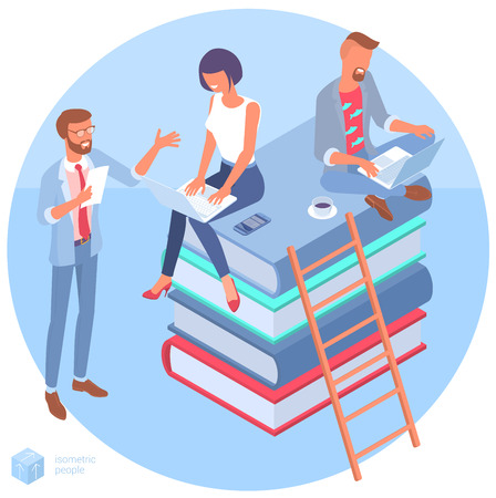 Isometric online education concept  with stack of books, man and woman student people characters. Flat design  template for infographics, web design, banner, poster and mobile app.のイラスト素材