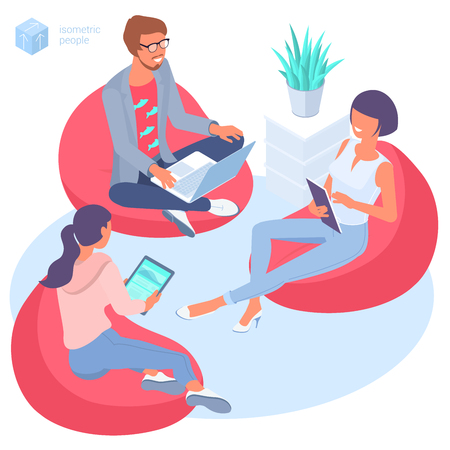 Flat design isometric concept of young people seating in bag chair in modern isometric office. Modern creative worcflow template for web page, infographics, mobile app.のイラスト素材