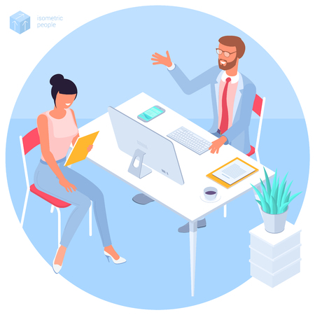 Flat design isometric vector illustration of young man and woman business communication in the modern office. Trendy color concept of  teamwork and workflow for presentation, website and app design.のイラスト素材
