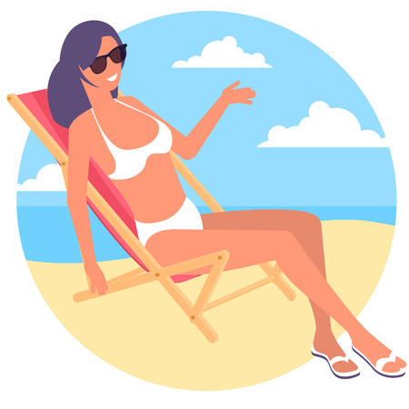 Young woman is seating at beach chair at seaside. Vector concept for summer vacation ad, manner, website and presentation.のイラスト素材