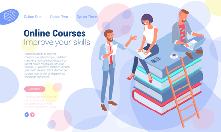 Isometric online education concept  with stack of books, man and woman student people characters. Flat design  template for infographics, web design, banner, poster and mobile app.のイラスト素材
