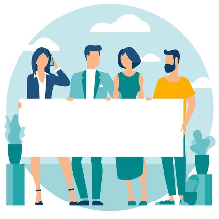 Flat design trendy color vector people with blank white banner. Different characters, styles and professions, standing together diverse acting poses collection.のイラスト素材